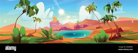 Cartoon Desert Oasis With Lake And Palm Trees Vector Illustration Of