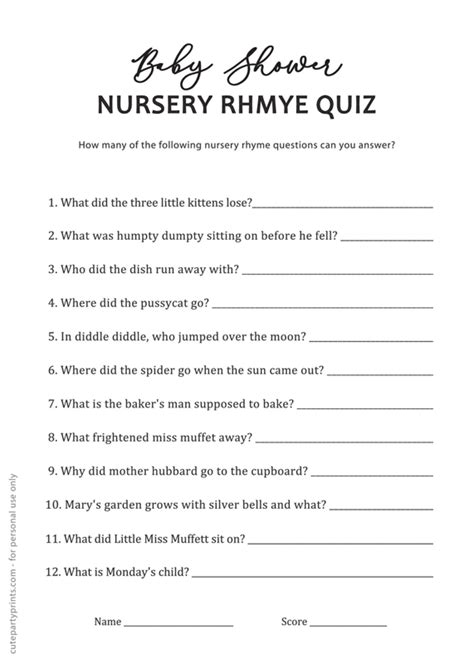 Nursery Rhyme Shower Game Printable