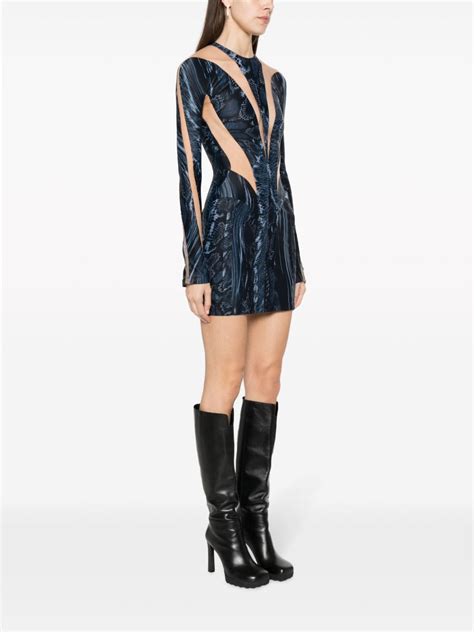 Mugler Abstract Print Sheer Panelled Minidress Blue Farfetch Uk