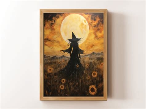 Full Moon Witch Silhouette Sunflowers Printable Wall Art Instant ...