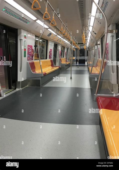 Singapore 12 Jan 2016, An empty Downtown Line MRT train cabin interior ...