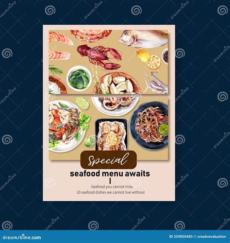 Seafood Poster Design With Amberjack Fish Squid Illustration