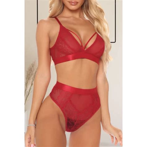 Women S Red Criss Cross Lace Mesh Splicing Lingerie Set Sale Miulover