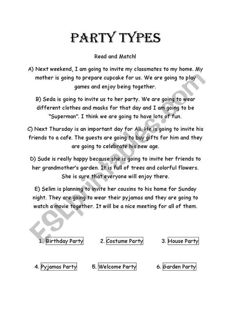 Party Types Esl Worksheet By Medipolinstructors