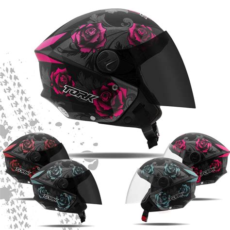 Capacete Aberto Feminino New Liberty Flowers Pro Tork Moto Rosa Azul