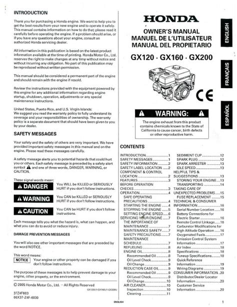 Honda Gx120 Non Rammer Gx160 Non Rammer Gx200 Engine Owners Manual