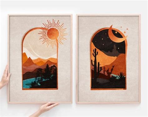 Sun and Moon Boho Landscape Rising Sun, Moon Art Print. Moon and Night ...