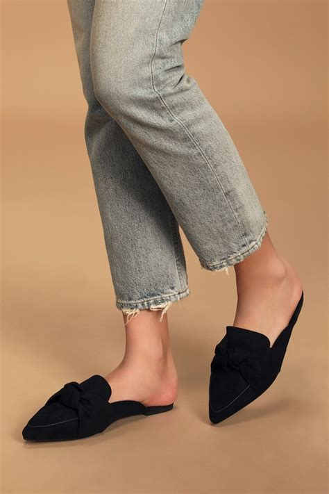 Cute Black Suede Slides Knotted Pointy Toe Mules Vegan Suede Lulus