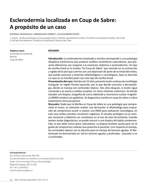 Pdf Esclerodermia Localizada En Coup De Sabre A Prop Sito De Un Caso