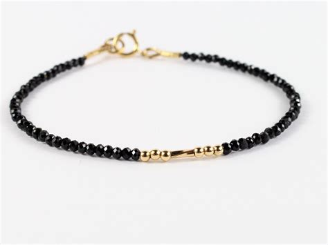 Black Spinel Bracelet Gold Filled Skinny Black Stacking Bracelet By