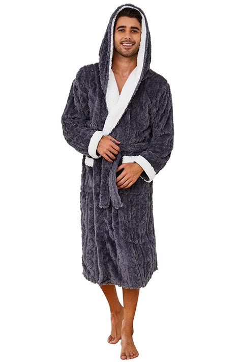 Vulcanodon Mens Robe With Hood Full Length Plush Robe For Men Contrast Thick Fleece Bathrobe