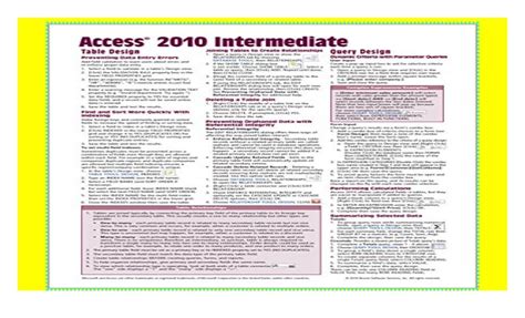 Microsoft Access 2010 Intermediate Quick Reference Guide Cheat Sheet