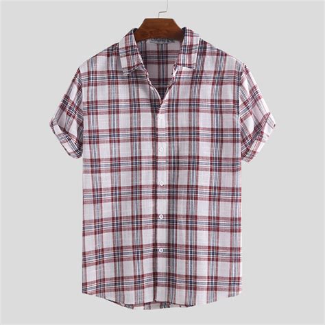 Mens Summer Casual Loose Short Sleeve Plaid Shirts Sale Banggood