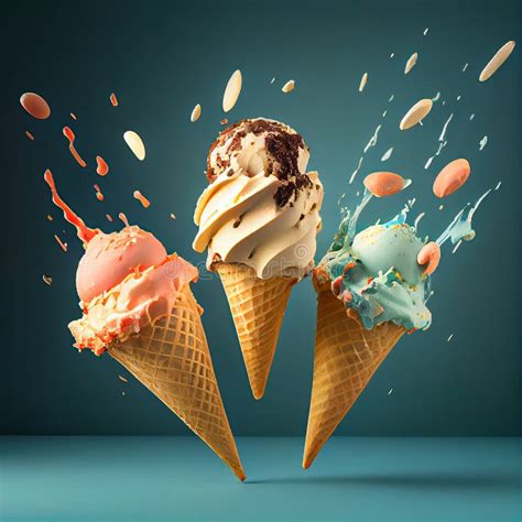 Three Ice Cream Cones With Ice Cream And Three Stock Illustration