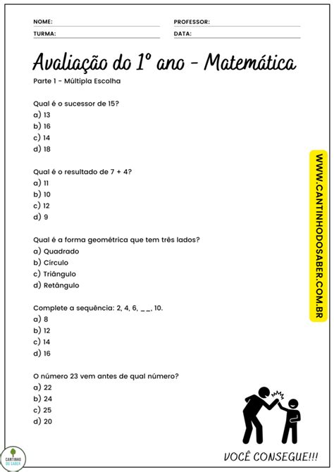 AVALIAÇÃO DE MATEMÁTICA 1º ANO 3º BIMESTRE ENSINO FUNDAMENTAL