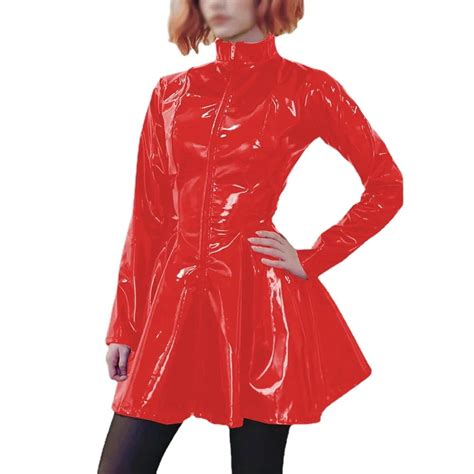 Wetlook PVC Womens Zip-up Turtleneck A-line Pleated Dress Sexy Long ...