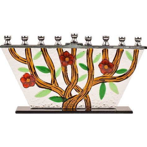 Tree Of Life With Flowers Glass Menorah