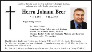 Traueranzeigen Von Johann Beer Mittelbayerische Trauer