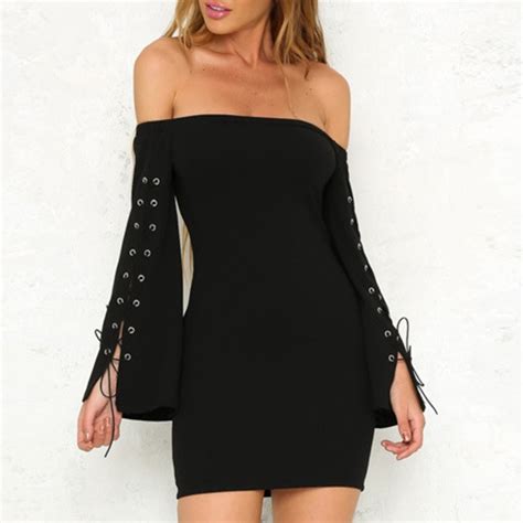 Sexy Off Shoulder Boat Neck Lace Up Trumpet Sleeve Dress