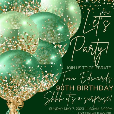 Printable Green Gold Glitter Balloons Birthday Party Invitation