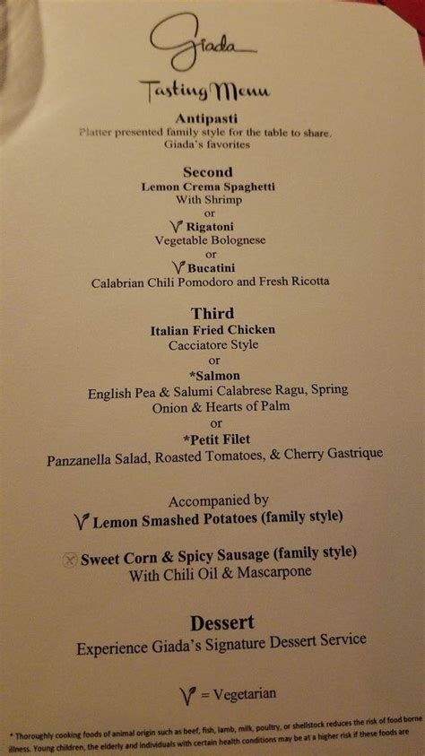 Menu at GIADA restaurant, Las Vegas, Las Vegas Blvd S