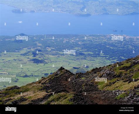 Faial island seen from the volcano in neighbouring Pico island, Azores archipelago (Mid-Atlantic ...