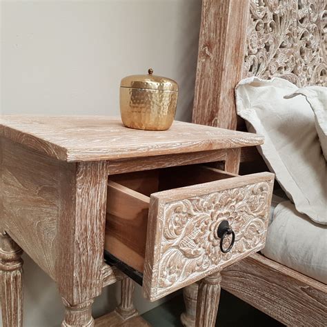 Hand Carved Teak Indah Bedside Table In Jati Wash Bali Abundance