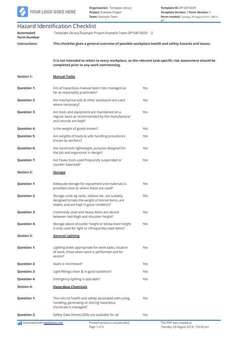 Hazard Identification Checklist Templates Free To Use And Editable