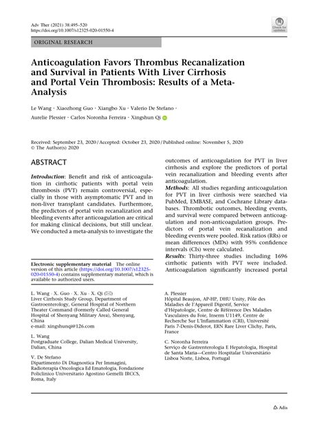 Pdf Anticoagulation Favors Thrombus Recanalization And Survival In