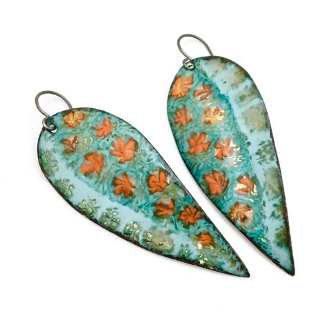 Long Enameled Earrings Turquoise Flower Dangles Beautiful Color Original T For Her Art