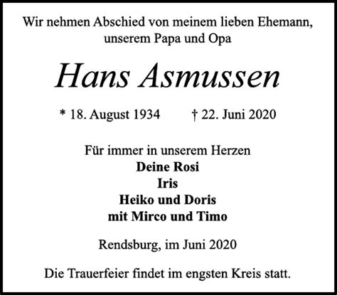 Traueranzeigen Von Hans Asmussen Sh Z Trauer