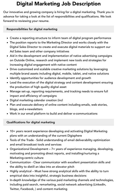 Digital Marketing Job Description Velvet Jobs