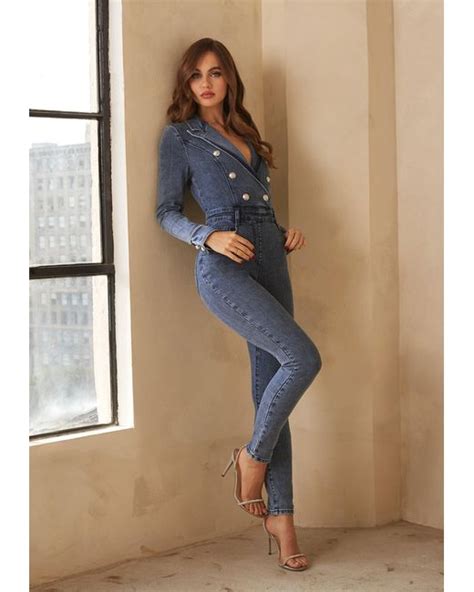 Bebe Double Breasted Skinny Leg Denim Jumpsuit In Blue Lyst