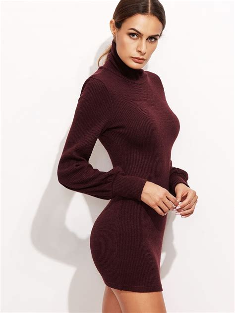 Shop Burgundy Turtleneck Bishop Sleeve Ribbed Bodycon Dress Online