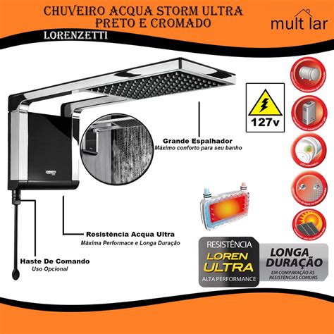 Chuveiro 127v 5500w Acqua Strom Ultra Preto E Cromado Lorenzetti Mod