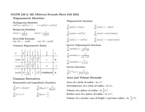 249 265 Mt Formula Sheet Math 249 And 265 Midterm Formula Sheet Fall