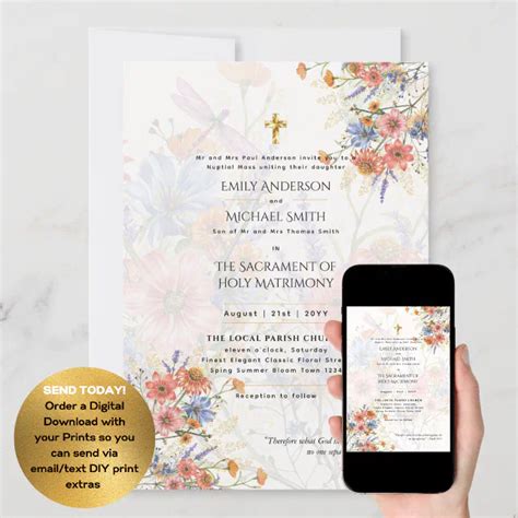 Pretty Floral Catholic Nuptial Mass Wedding Invitation Zazzle