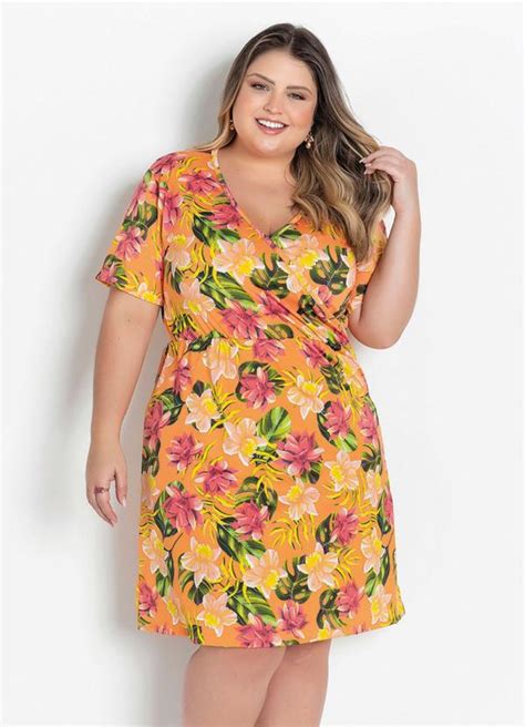 Vestido Transpassado Floral Laranja Plus Size Marguerite