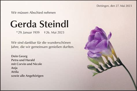 Traueranzeigen von Gerda Steindl Südwest Presse Trauer