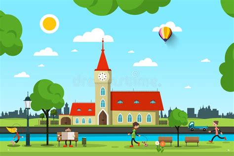 Vector City With Church River And People In Park Stock Vector