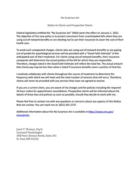 No Surprises Act Notice - Janet T. Thomas, Psy.D.