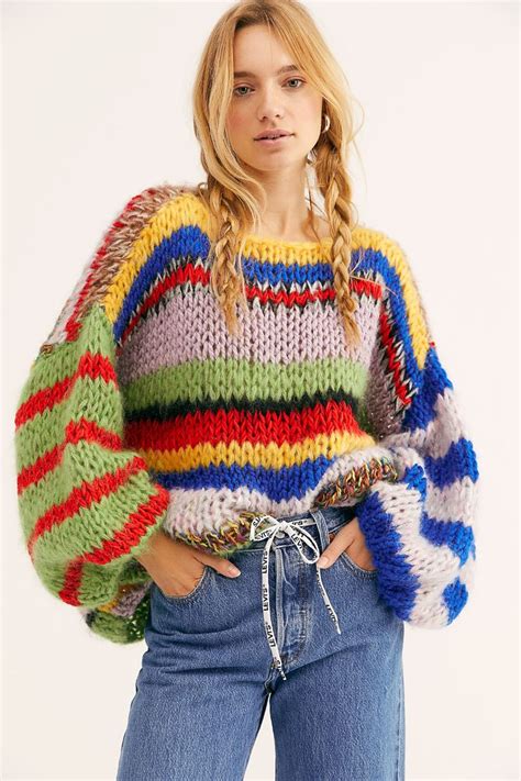 Multi Striped Pullover Sweater Chunky Knit Sweater Pattern Pullover