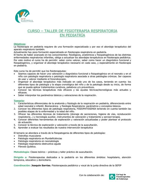 Curso Taller De Fisioterapia Respiratoria En Pediatria