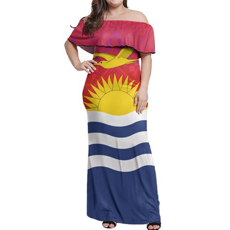 Kiribati Flag Color With Traditional Patterns Women Off Shoulder Long Dress