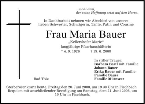 Traueranzeigen Von Maria Bauer Trauermerkurde