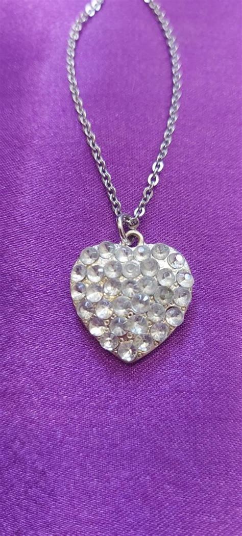 Rhinestone Heart Silver Necklace Etsy