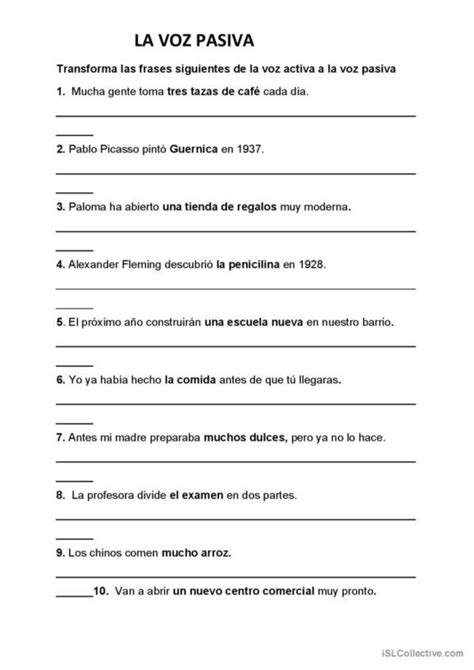 Voz Pasiva Espa Ol Ele Hojas De Trabajo Pdf Doc