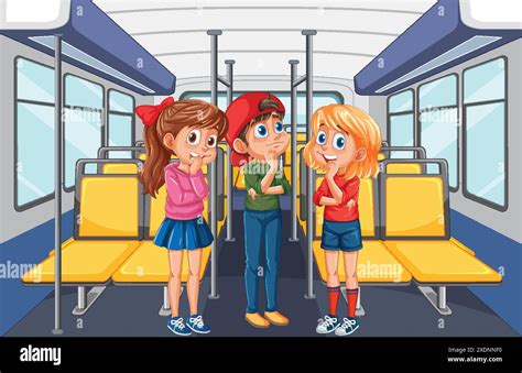 Three Kids Standing Inside A Bus Stock Vector Image And Art Alamy