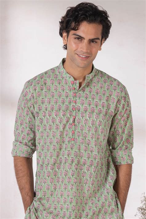 Buy Green Block Printed Cotton Kurta For Men Fgmnk Farida Gupta