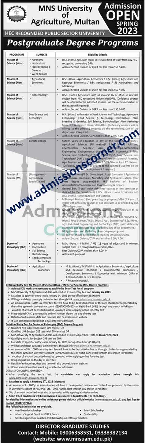 Mns University Of Agriculture Multan Mphil Phd Admissions Spring 2023